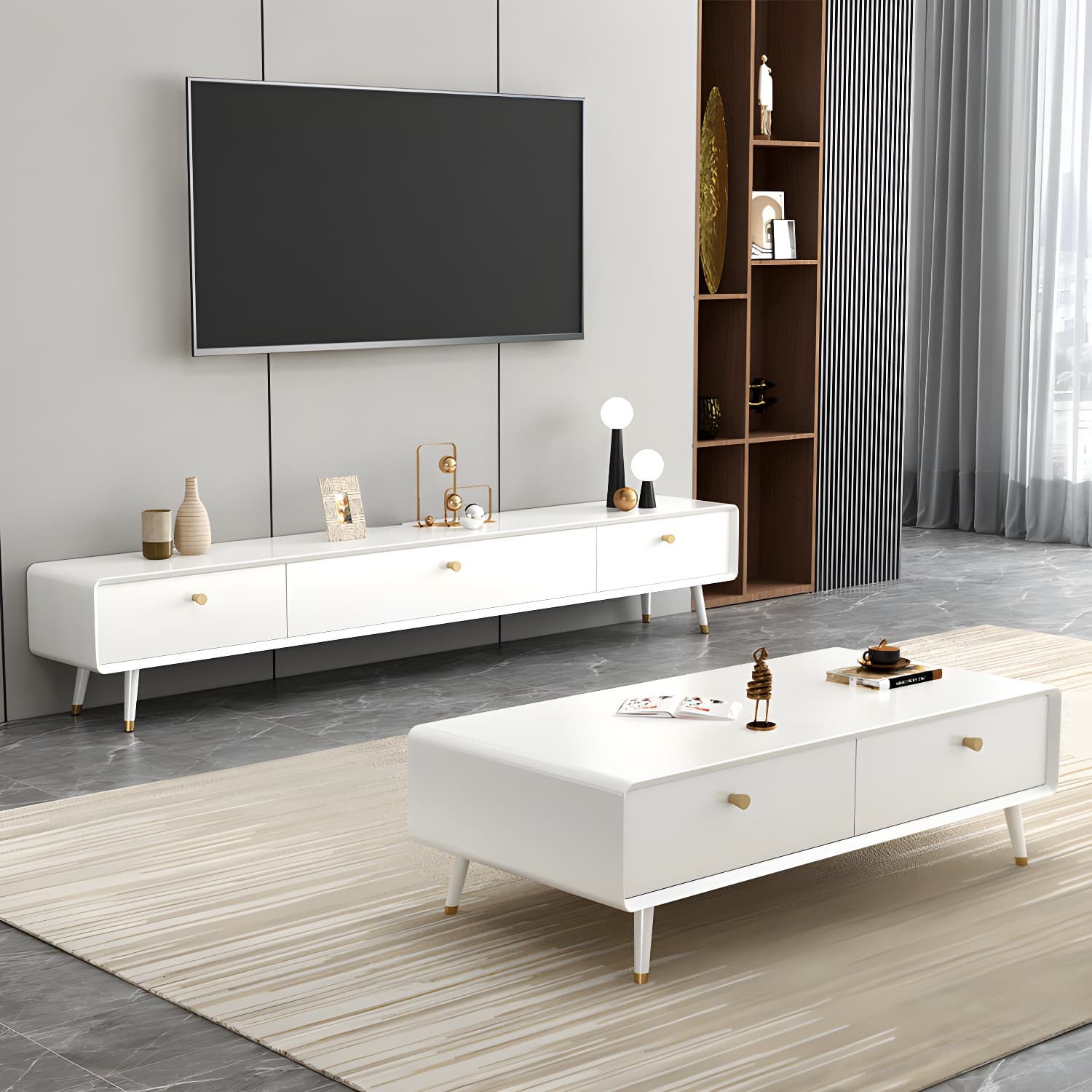 Solid Wood 13.78" H TV Stand Nordic 2 Drawers TV Stand Console thumbnail 6