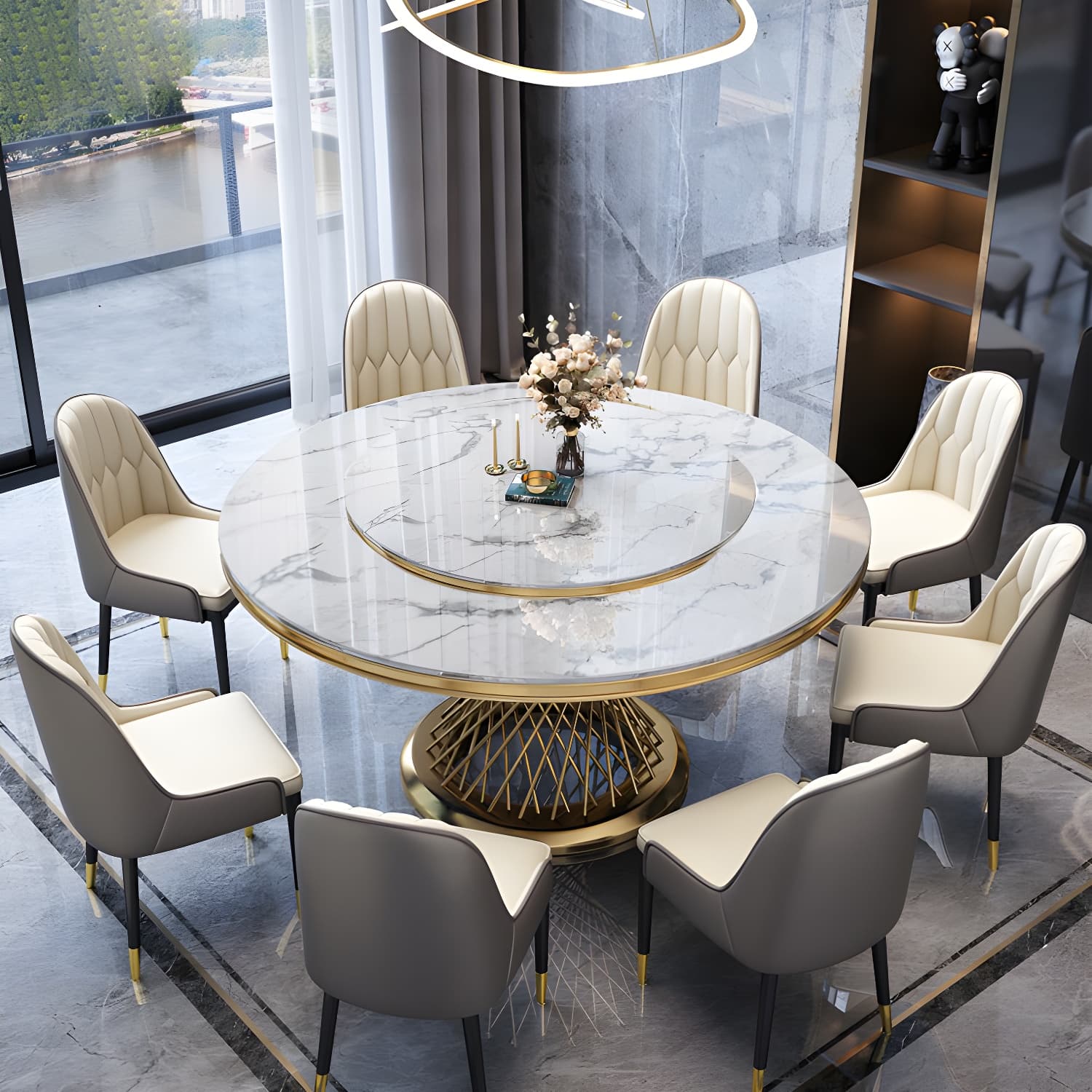 1/5/7/9 Pcs Dining Set with Round Marble Table and Padded Chairs thumbnail 1