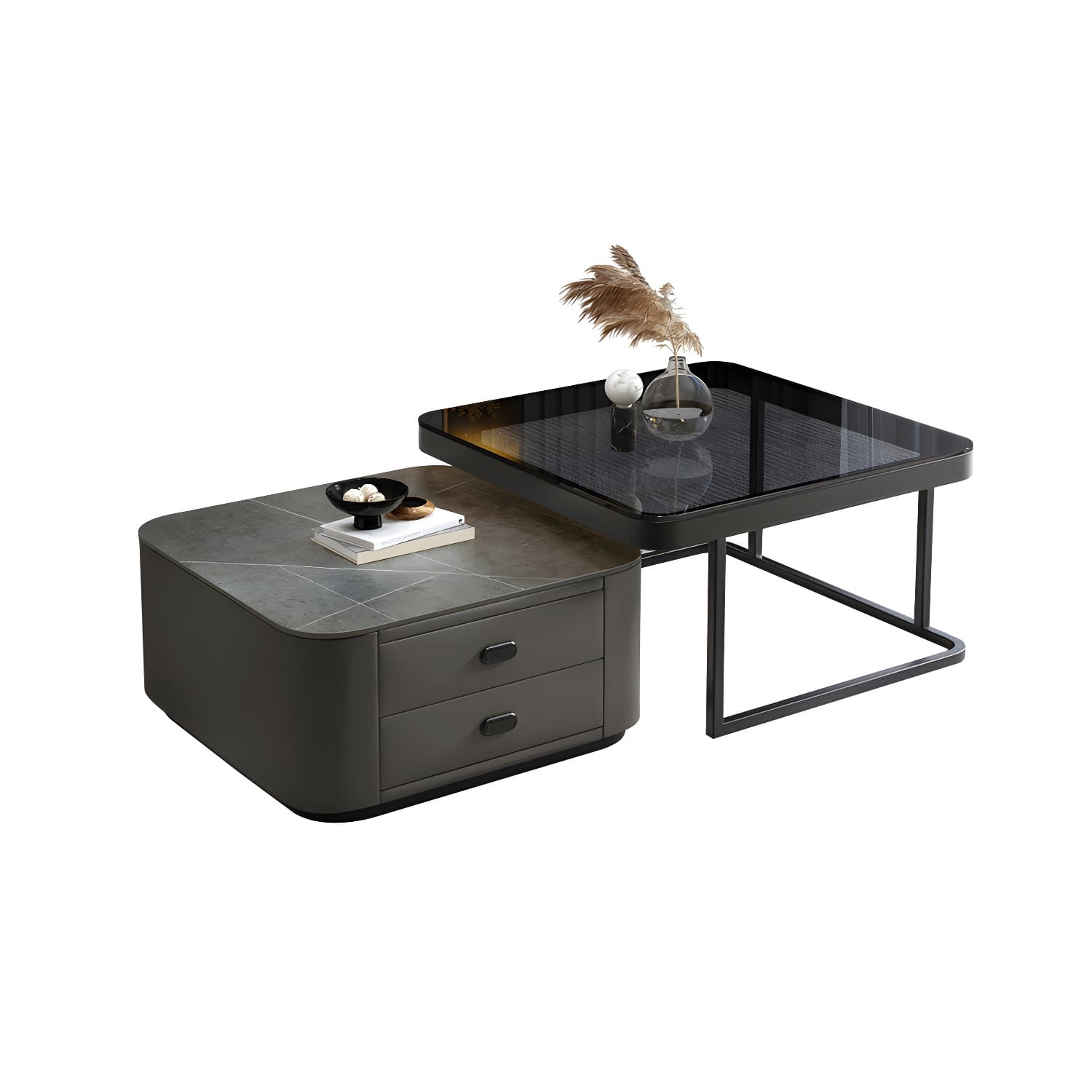Square Coffee Table Glass Top 2 Nesting Coffee Table Set with Storage thumbnail 5