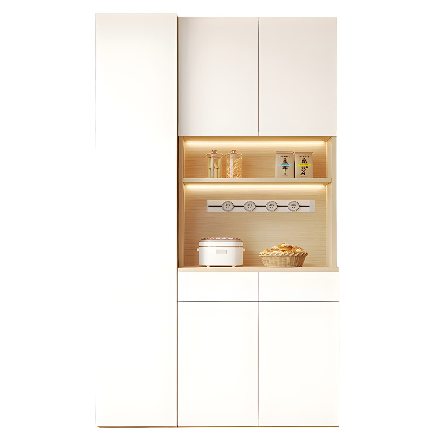 Scandinavian White Wood Buffet Sideboard Cabinet with Cabinets and Shelves thumbnail 10