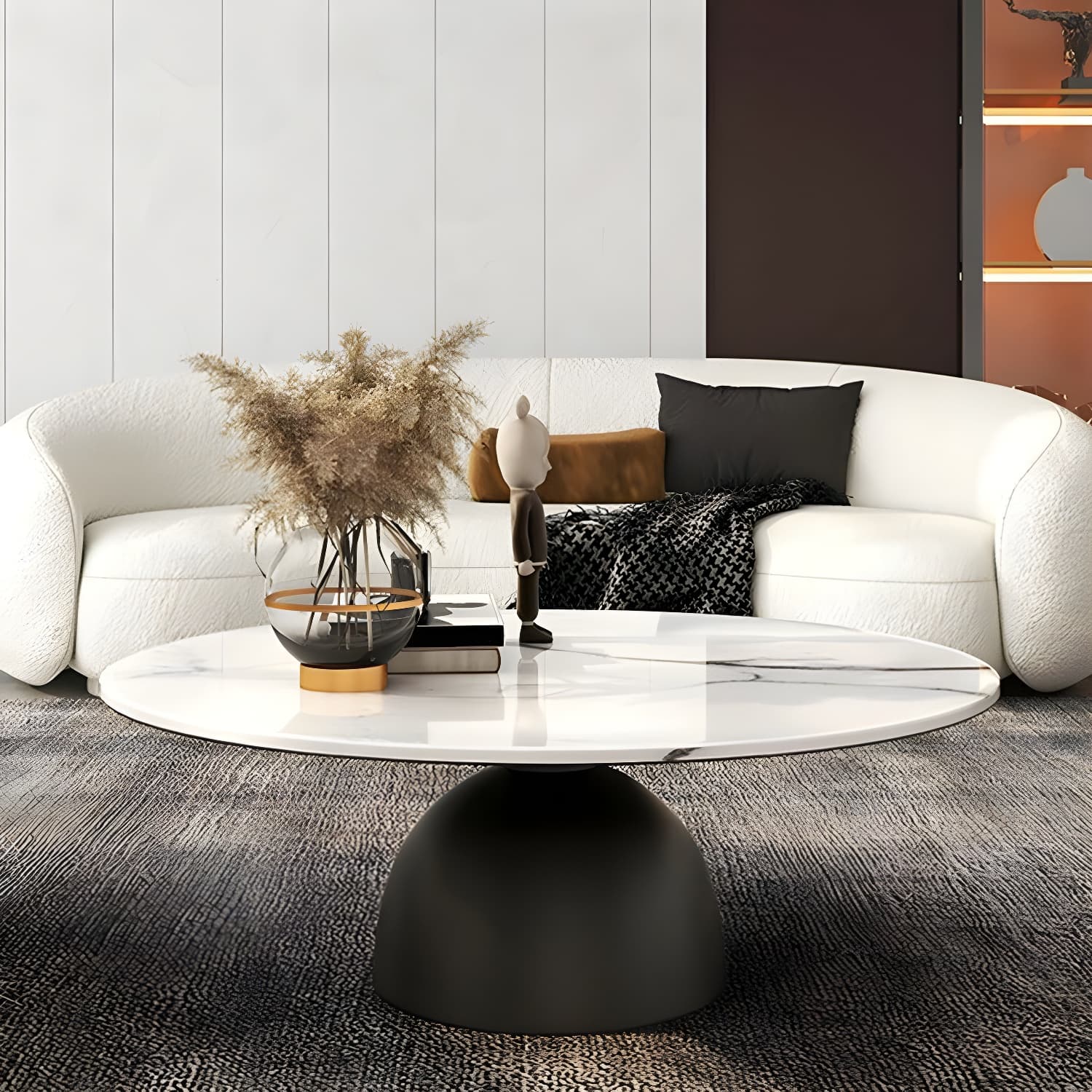Round Stone Glam Coffee Table with Pedestal Iron Base and Built-in Storage thumbnail 16