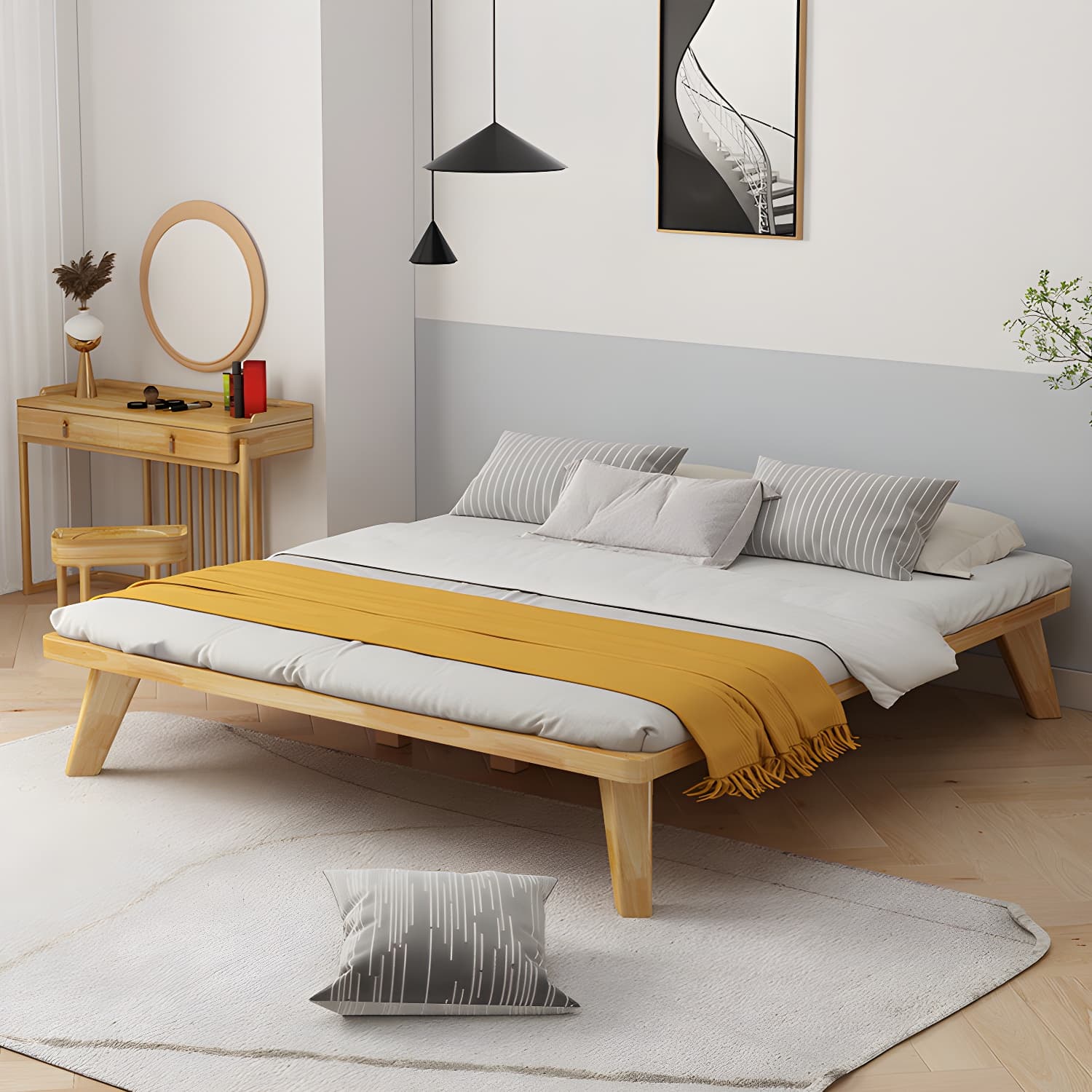 Natural Upholstered Wooden Bed Frame Nordic 13.39" H Platform Bed thumbnail 3