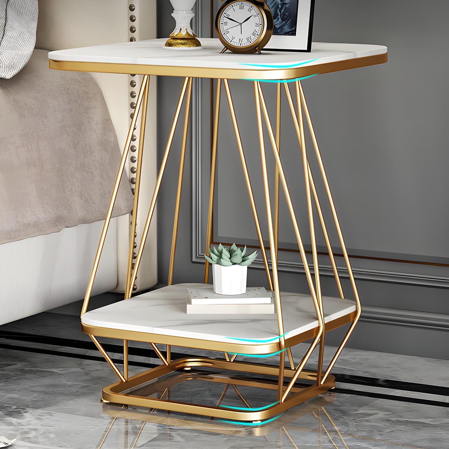 Glam Metal Night Table Stone Top 24'' Tall Open Storage Nightstand with Legs thumbnail 7