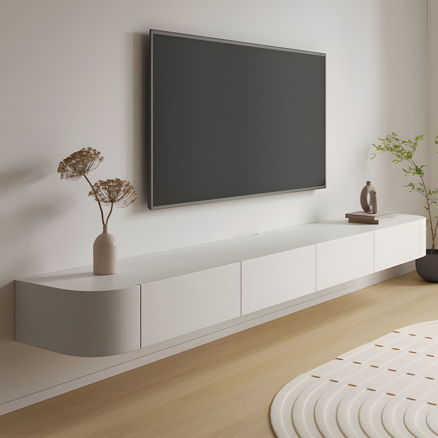 White Wall-mounted Media Stand with Drawers Contemporary TV Console, Faux Wood thumbnail 10