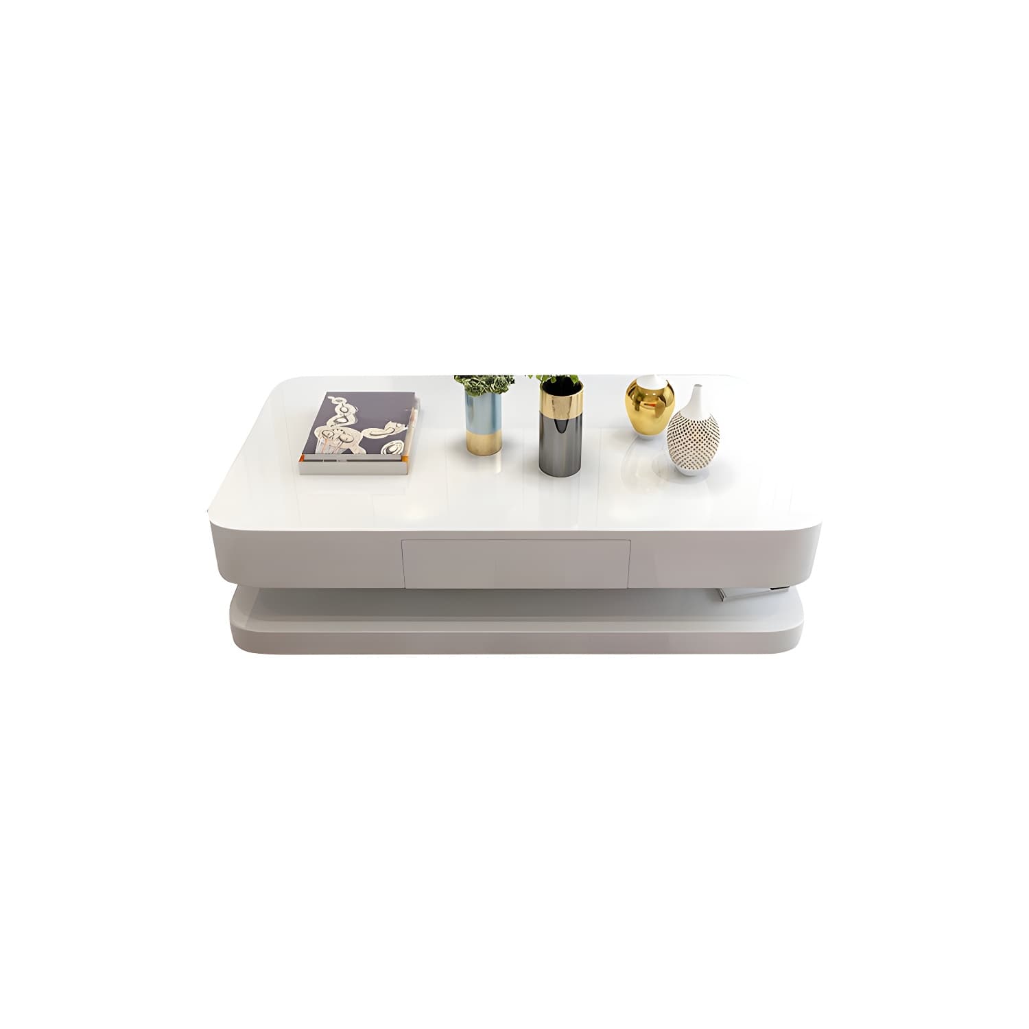 White Modern Coffee Table with Rectangular Wood Top & Block Base thumbnail 5