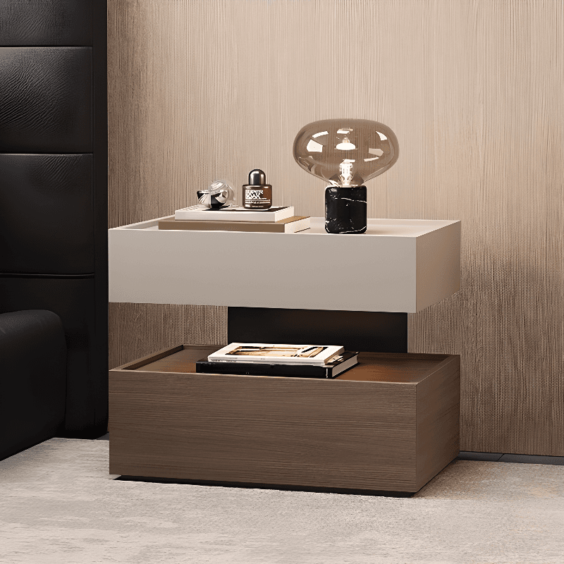 Organic Modern Nightstand With Drawer Organization Featuring 2 Shelves, Real Wood Countertop, and Illuminating Lighting thumbnail 8