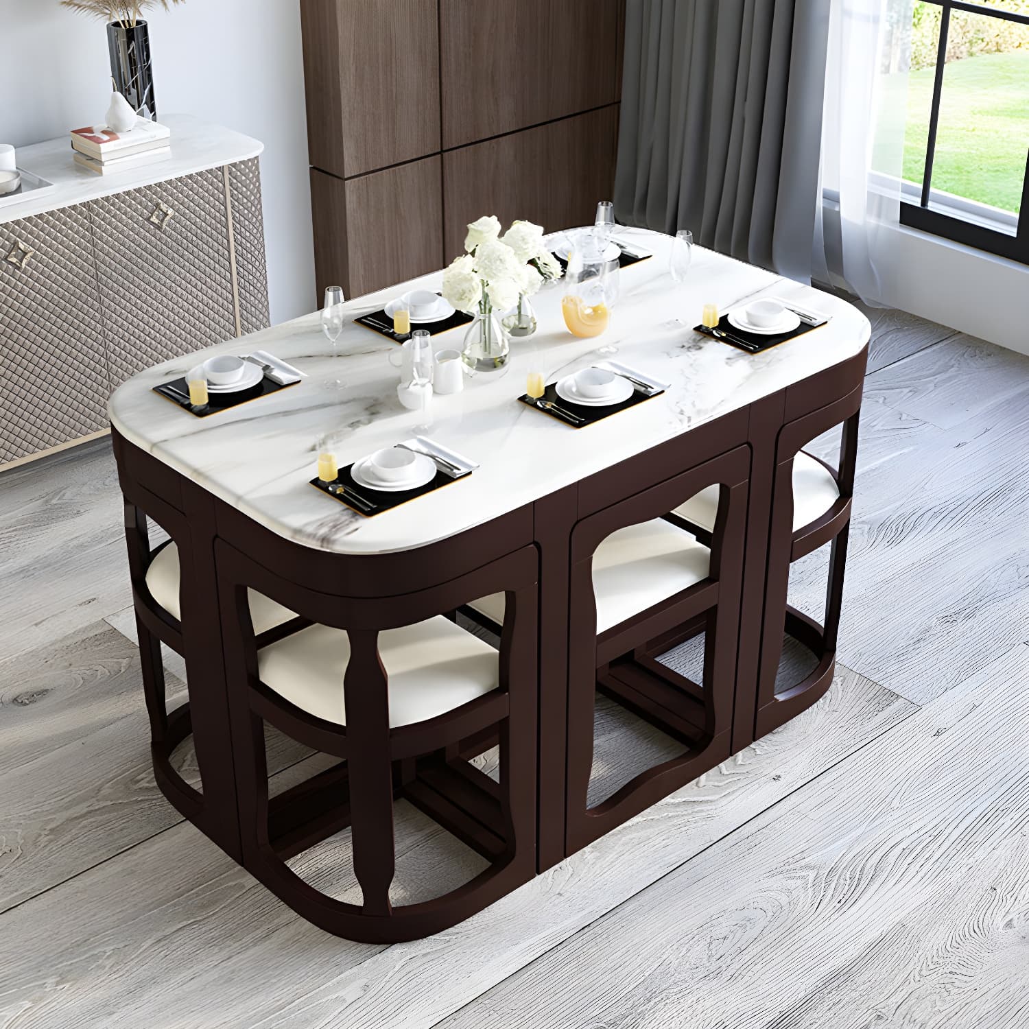 7-Piece Modern Wood Dining Set with Trestle Base and Upholstered Chairs in White - Seats 6 thumbnail 2