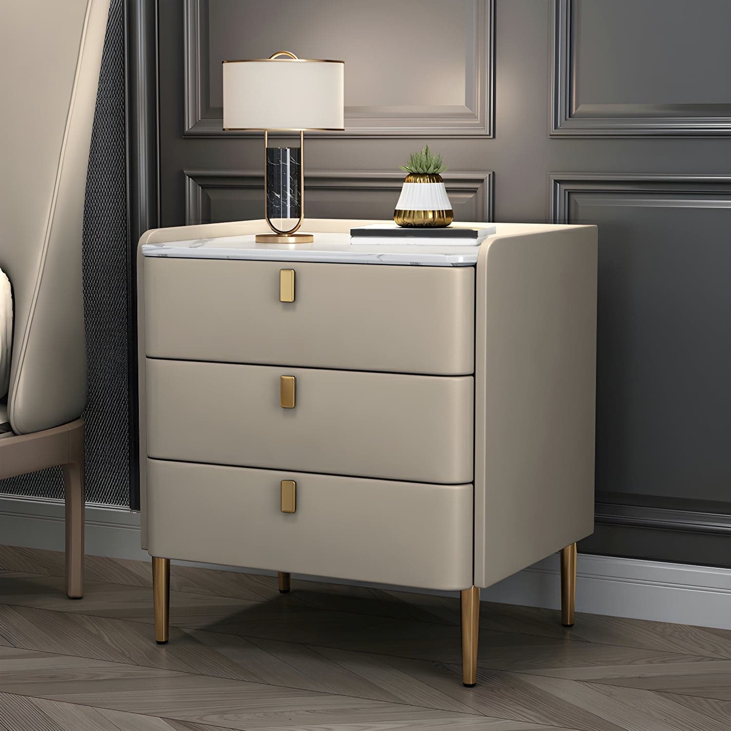 Glam Style Sintered Stone Top Drawer Storage Nightstand for Bedroom thumbnail 12