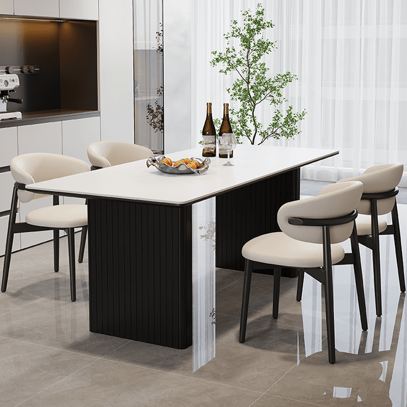 Dining Table Set with Rectangular Slate Stone Top and Two-sided Pedestal, Padded Chair with Back, 5-piece in White thumbnail 3