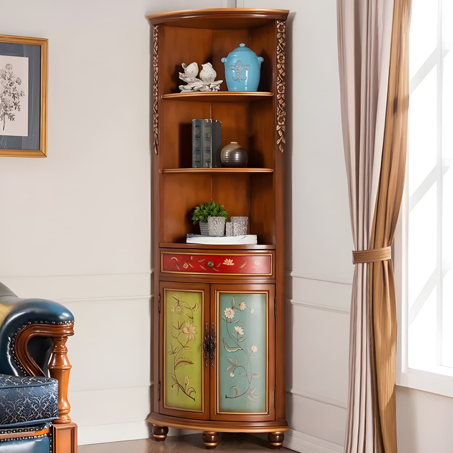 Rustic Corner Accent Cabinet with Wood Counter Top, Drawers, and Cabinet, Small Size thumbnail 7