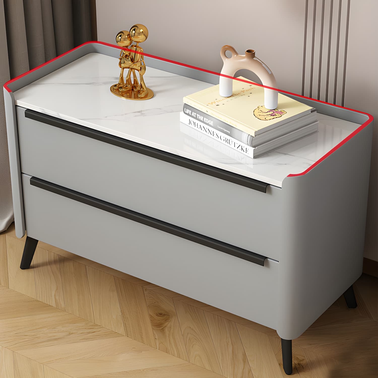 Modern Faux Leather Top Nightstand with Two Drawers and Stone Countertop thumbnail 16