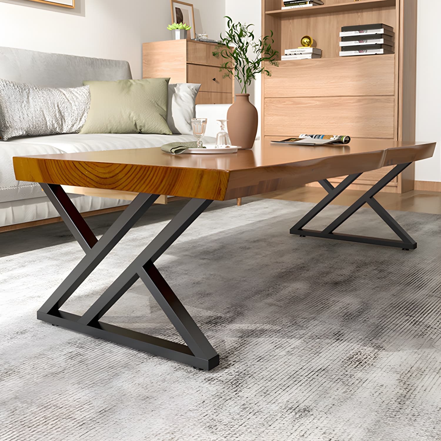 Scandinavian Rectangle Solid Wood Coffee Table Metal Sled Cocktail Table thumbnail 2