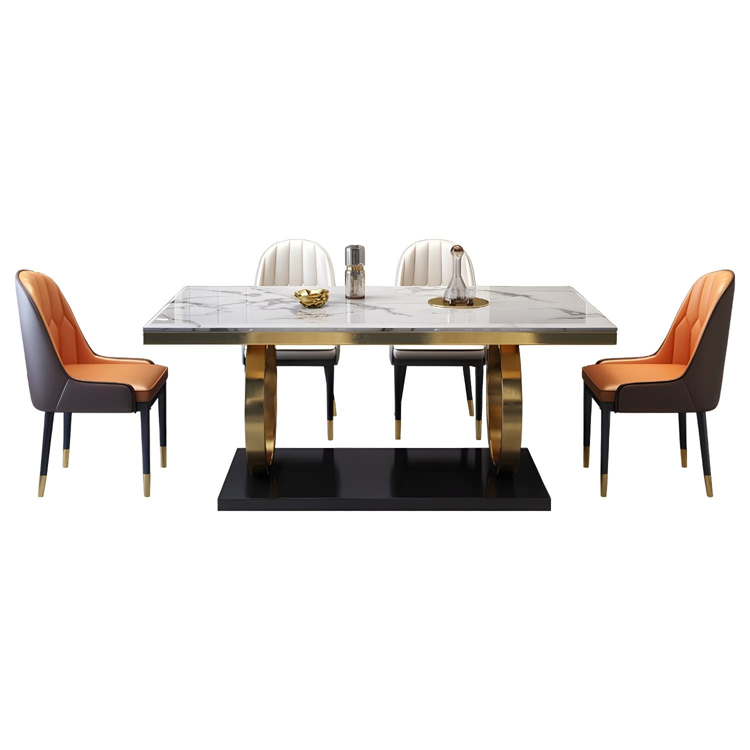 Glam Marble Dining Set with Gold Metal Pedestal Base - White and Beige - 1/5/7 Piece Set thumbnail 7
