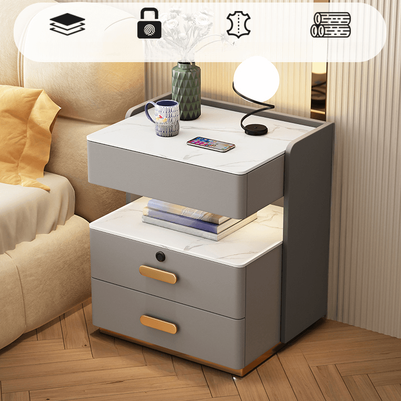 Modern Simple Style Nightstand With Drawer Storage, Stone Countertop, and Integrated Lighting thumbnail 5
