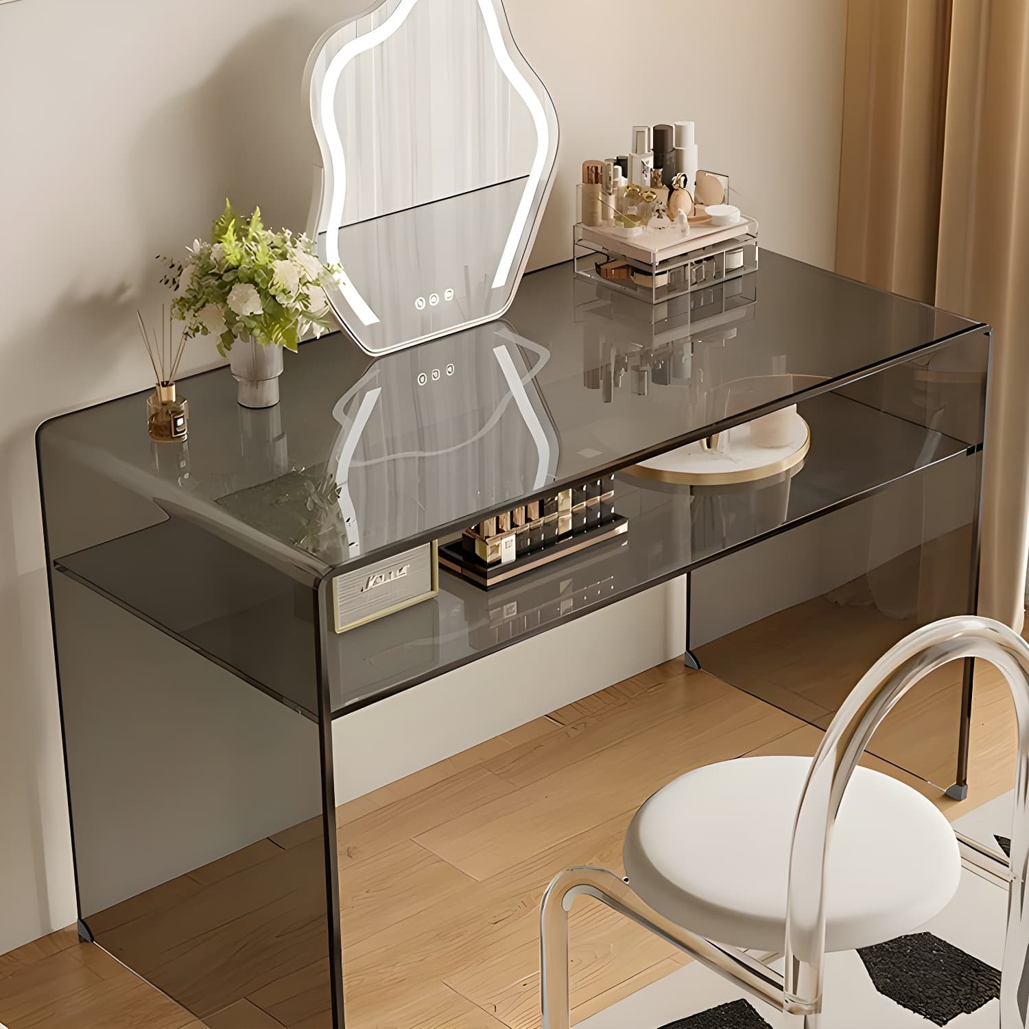 Transparent Glass Rectangular Dressing Table Double Base with Partition thumbnail 4