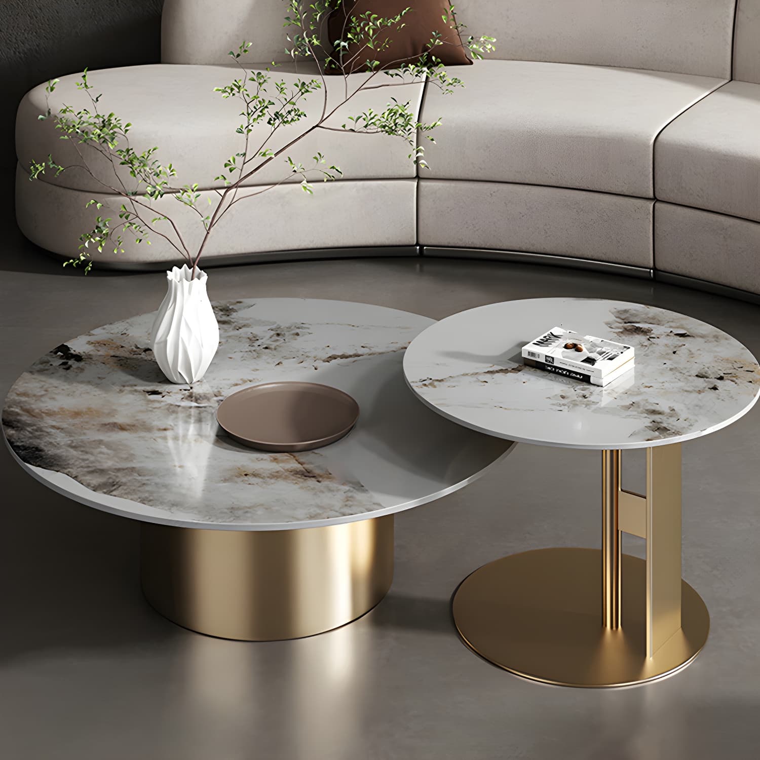 Slate Coffee Table Round Nesting Coffee Table Set with Pedestal Legs thumbnail 5
