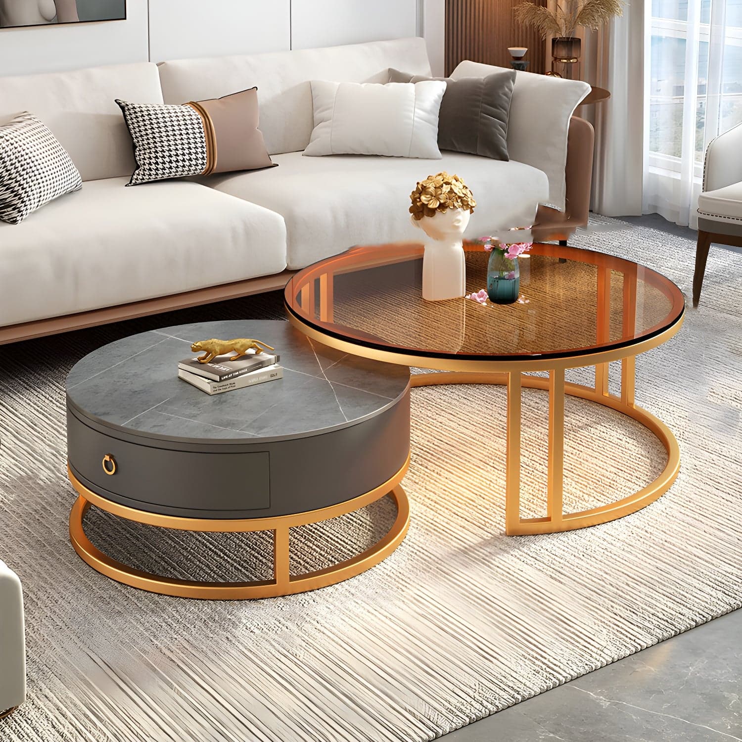 Modern Glass Coffee Cocktail Table Round Nesting Coffee Table Set thumbnail 6