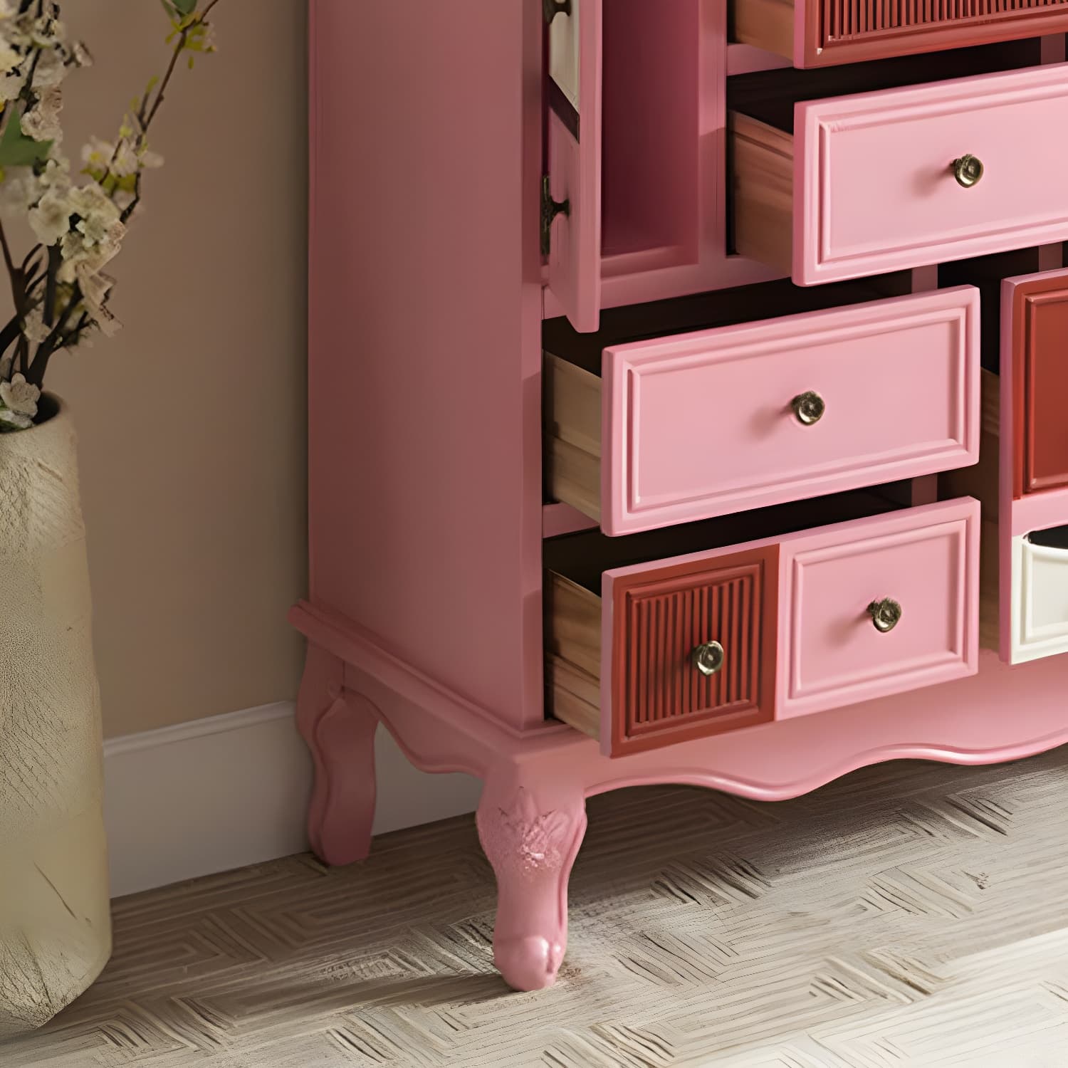 Industrial Painted Accent Cabinet with Drawers Solid Wood Chest thumbnail 24