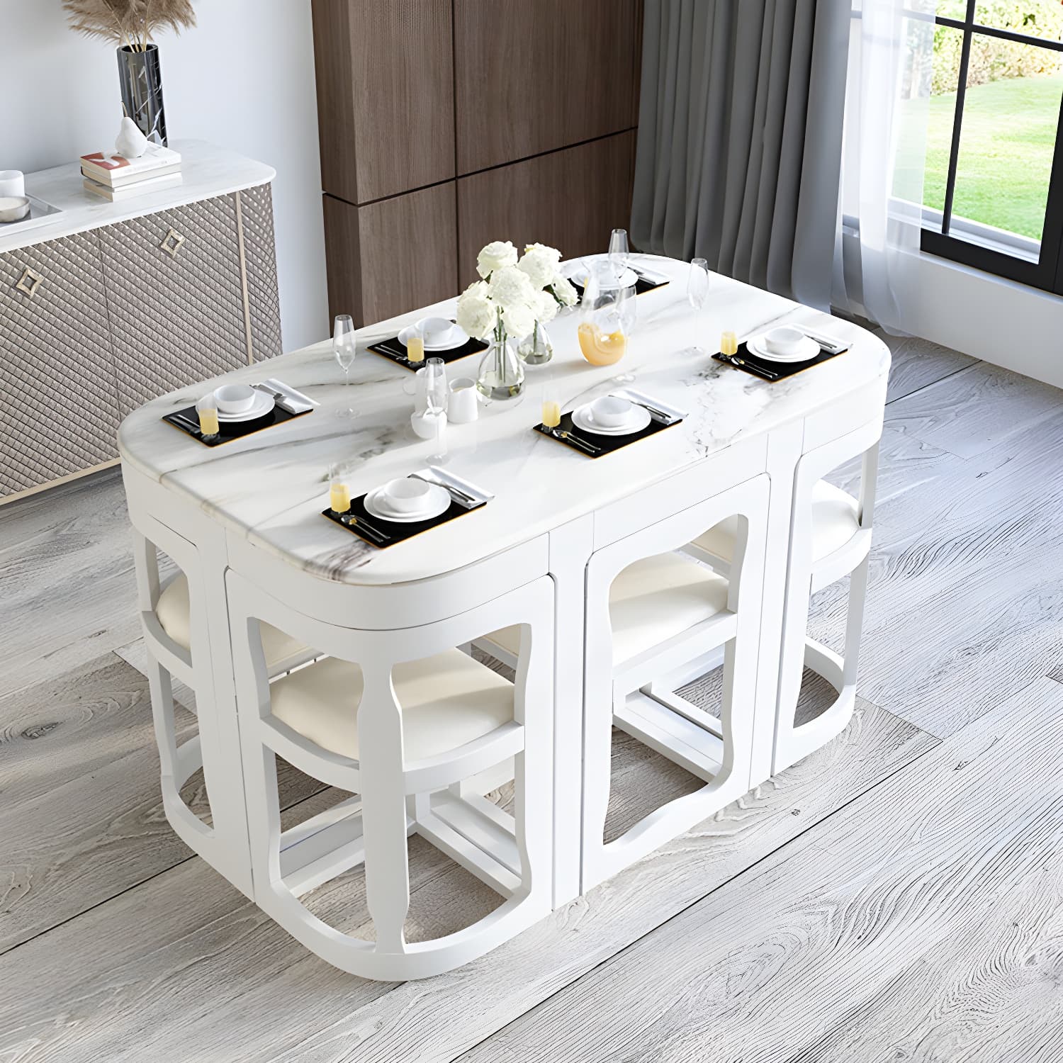 7-Piece Modern Wood Dining Set with Trestle Base and Upholstered Chairs in White - Seats 6 thumbnail 6