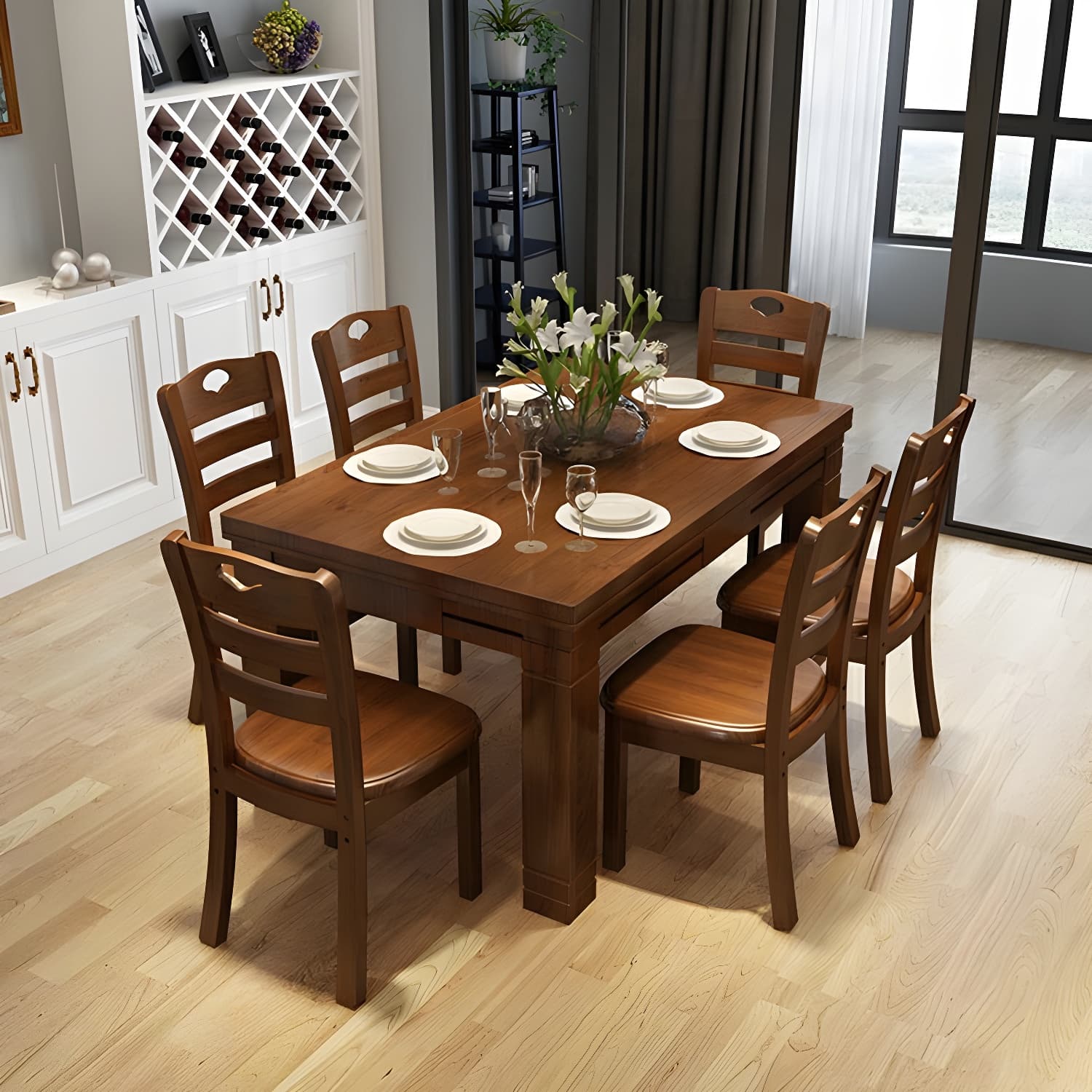 7-Piece Modern Wood Dining Set with Solid Wood Features and Seating for 6 thumbnail 1
