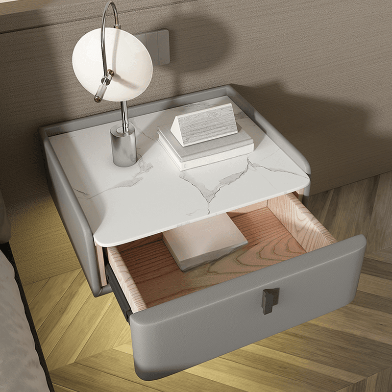 Organic Modern Bedside Cabinet Nightstand with 1 Drawer, Stone Countertop, and Hanging Shelf thumbnail 14