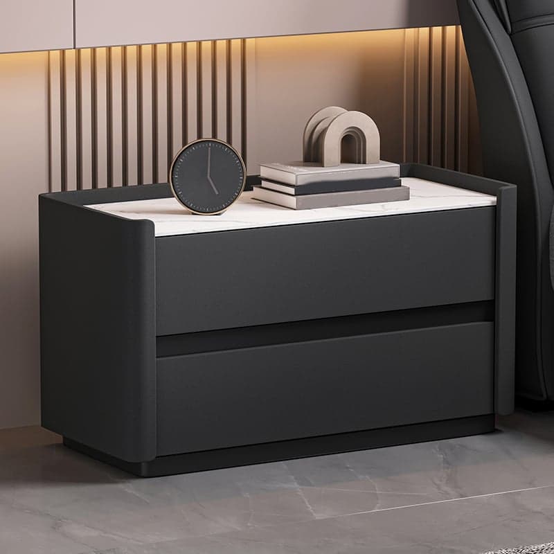 Modern Faux Leather Nightstand with 2 Drawers in Stone Countertop thumbnail 3