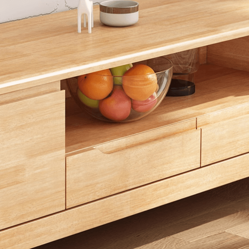 Art Deco Natural Wood TV Stand with 2 Drawers, 2 Cabinets, and Visible Storage thumbnail 9