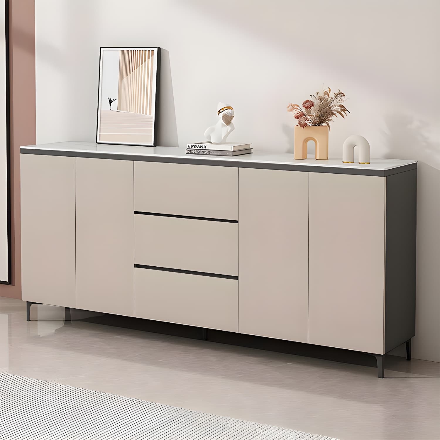 Wooden Modern Stone Countertop Buffet Sideboard with Drawers for Living Room thumbnail 6