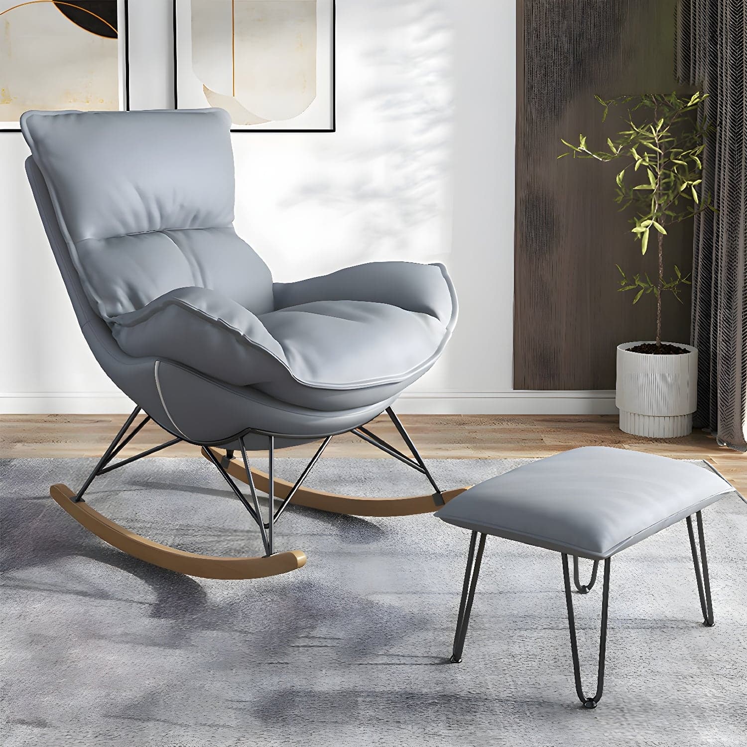 Modern Upholstered Rocking Chair and Ottoman Set - Natural Wood Legs, Stylish Design for Home Decor thumbnail 4