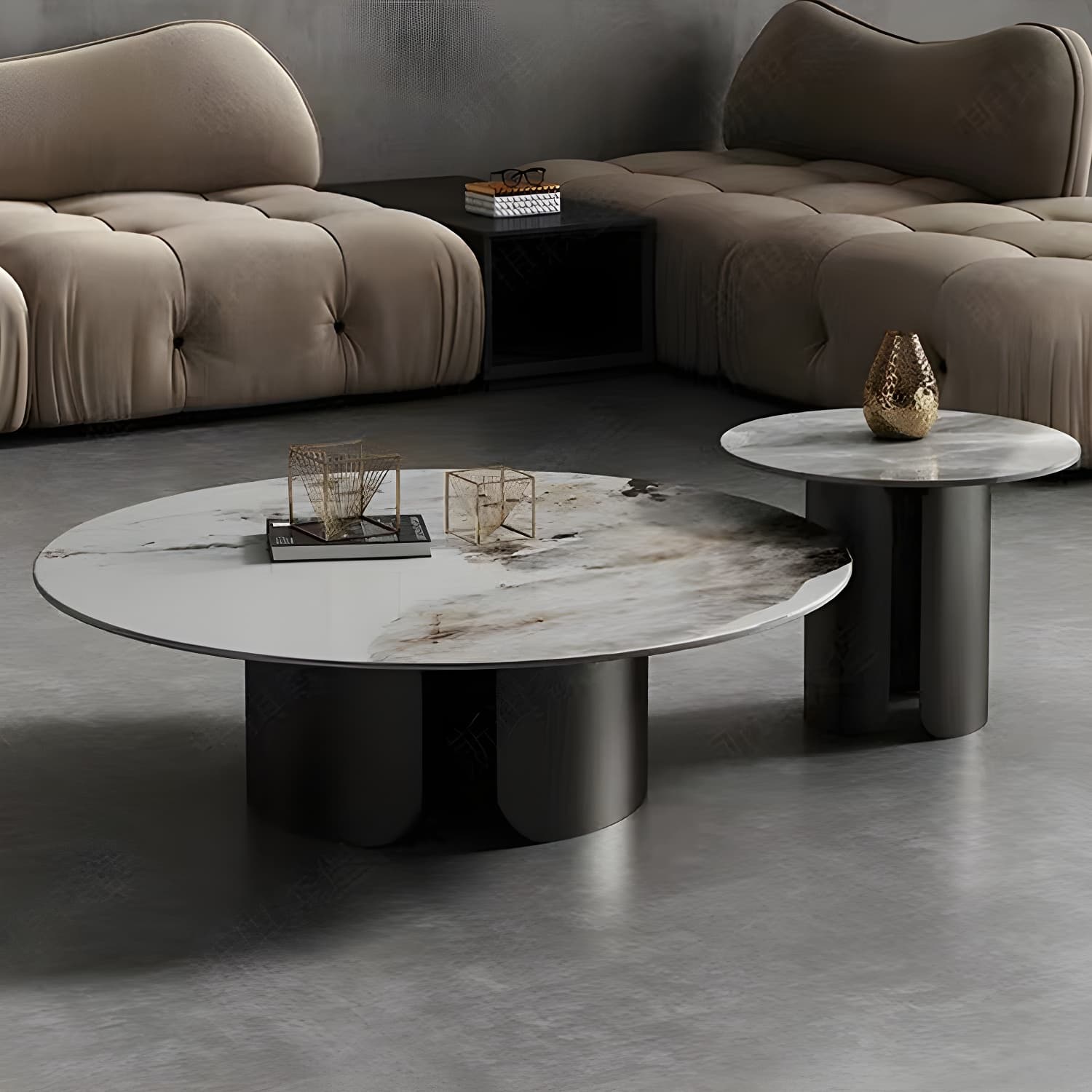 Chic Modern Round Beige Stone Top Coffee Table with Industrial Iron Base thumbnail 3
