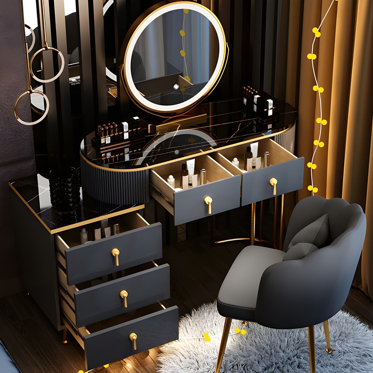 Contemporary Vanity Makeup Dressing Table Stool Set with Storage Drawers thumbnail 5