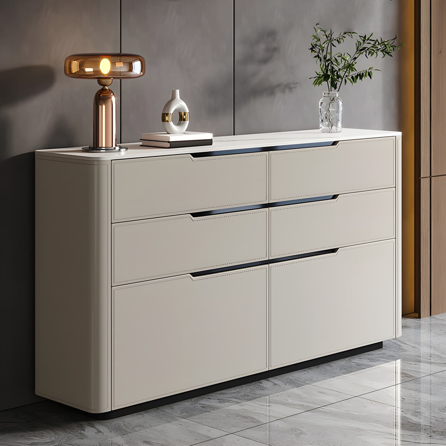 Wood Modern 4-Drawer and 2-Door Storage Sideboard with Stone Countertop thumbnail 2