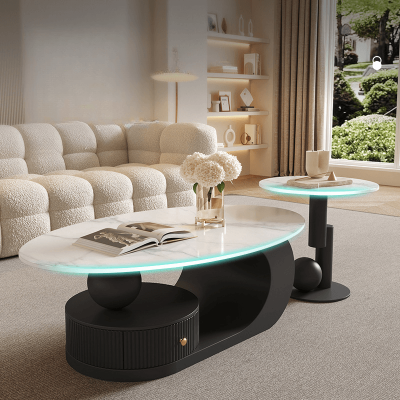 White/Midnight Black Scratch-proofed Oval Sintered Stone Board Game Coffee Table with Abstract Base and 1 Drawer for Living Room thumbnail 7