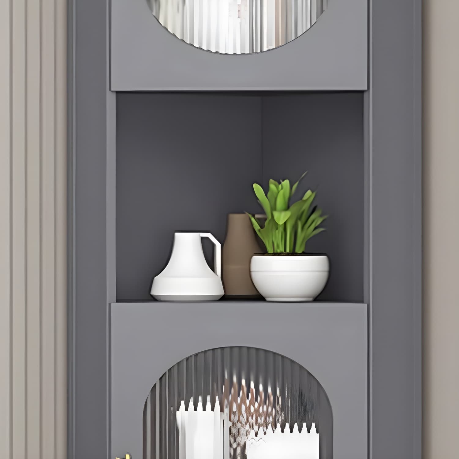 Gold Corner Modern Accent Cabinet with Glass Doors and Exterior Shelving thumbnail 8