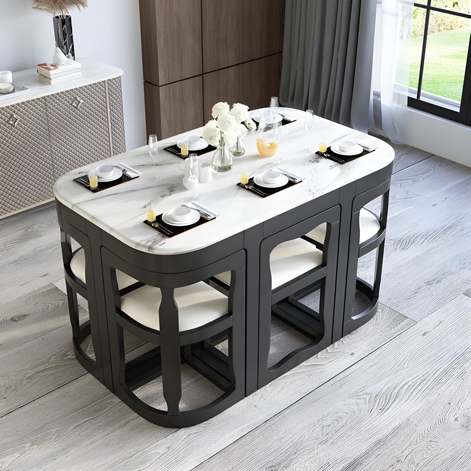 7-Piece Modern Wood Dining Set with Trestle Base and Upholstered Chairs in White - Seats 6 thumbnail 7