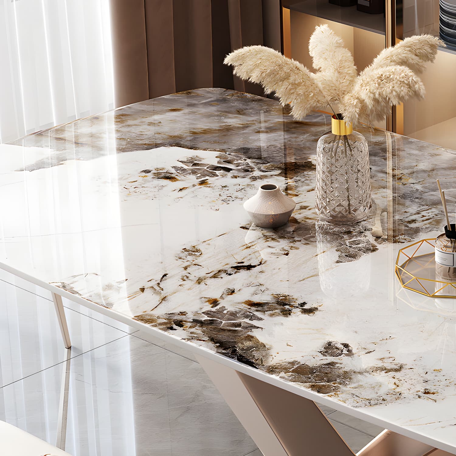 Modern Sintered Stone Top Dining Set Rectangle 1/2/5/7 Pieces Dinette Table Set in Gold thumbnail 7