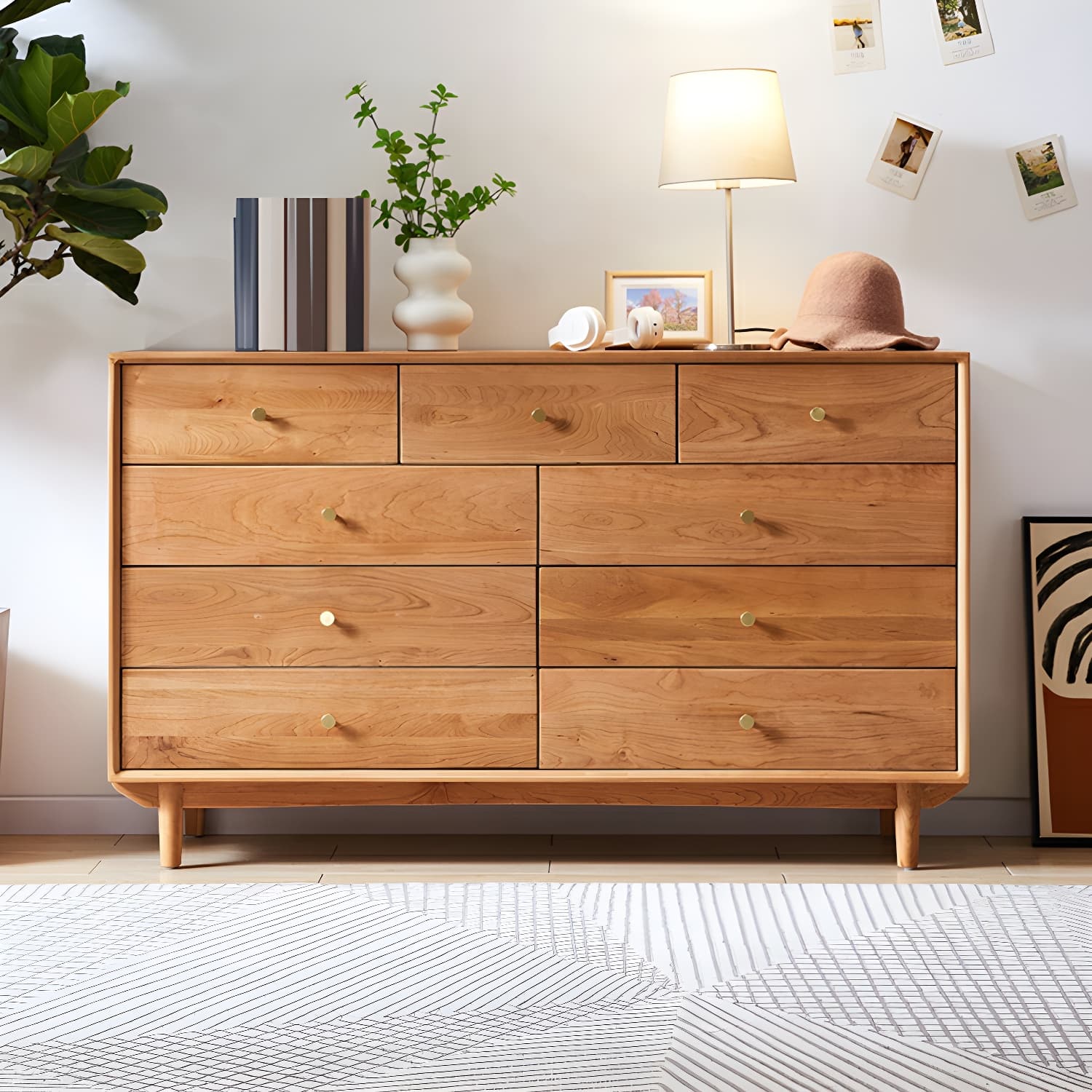Modern Brown Wood Dresser with Drawers and Gold Metal Handles