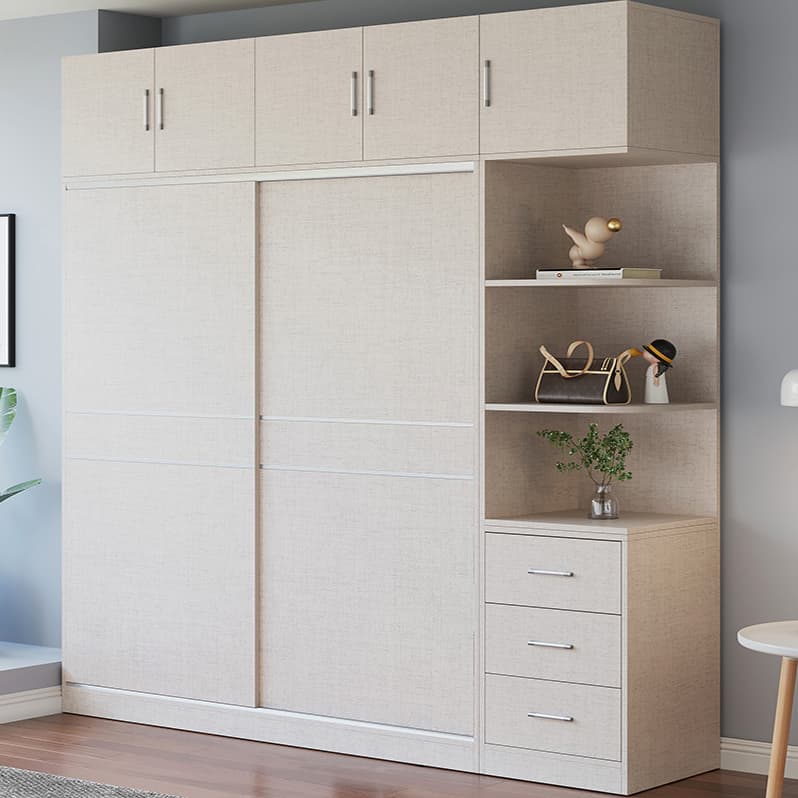 Fashionable Sliding Door Storage Wood Wardrobe with Metal Clothing Rod and Shelves in White Color thumbnail 3