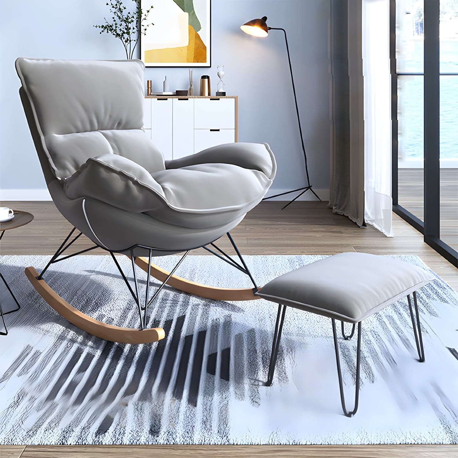 Contemporary Rocker Chair Antique Finish Rocking Chair with Ottoman thumbnail 5
