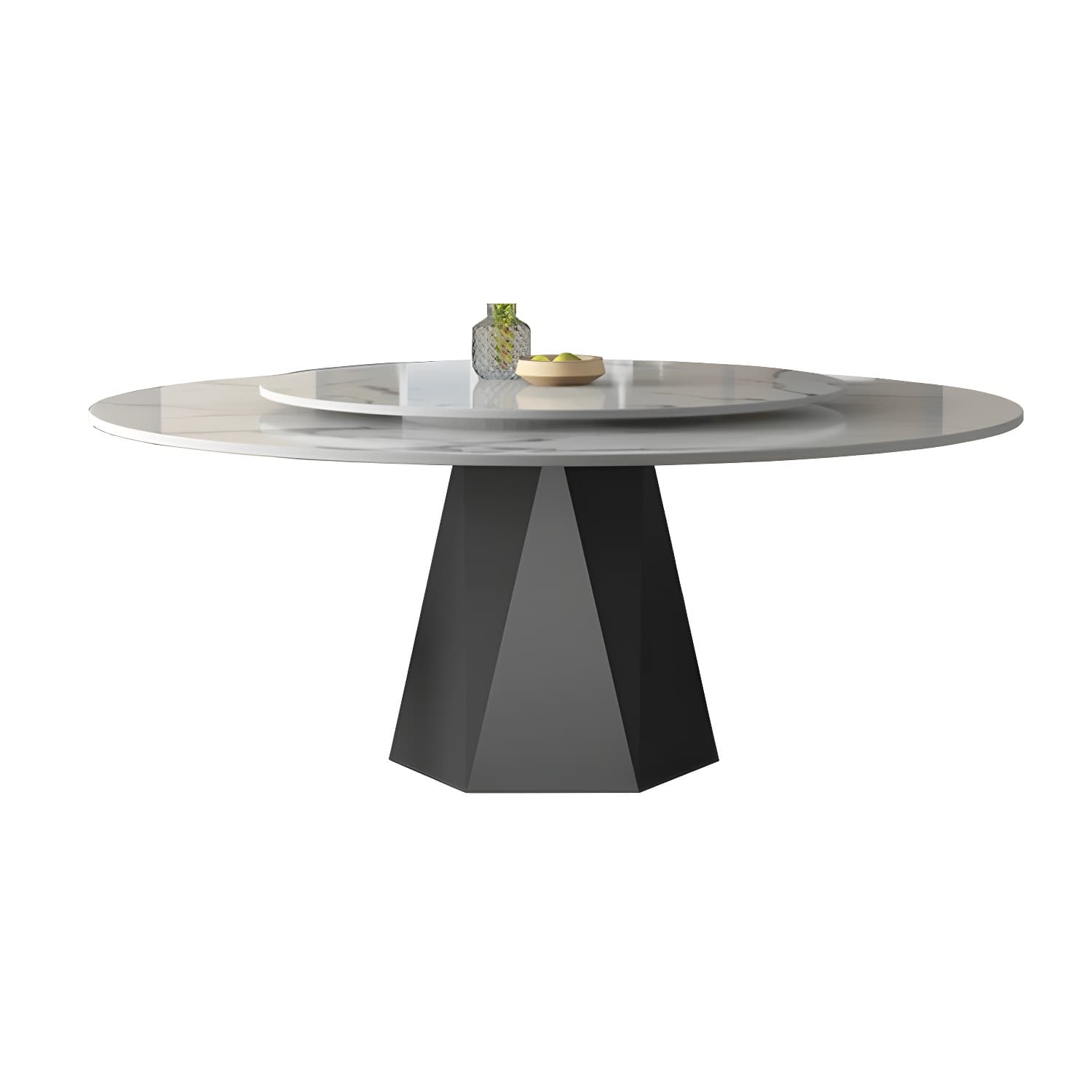 Round White Marble Modern Dining Table with Black Steel Pedestal Base and Convenient Lazy Susan thumbnail 6