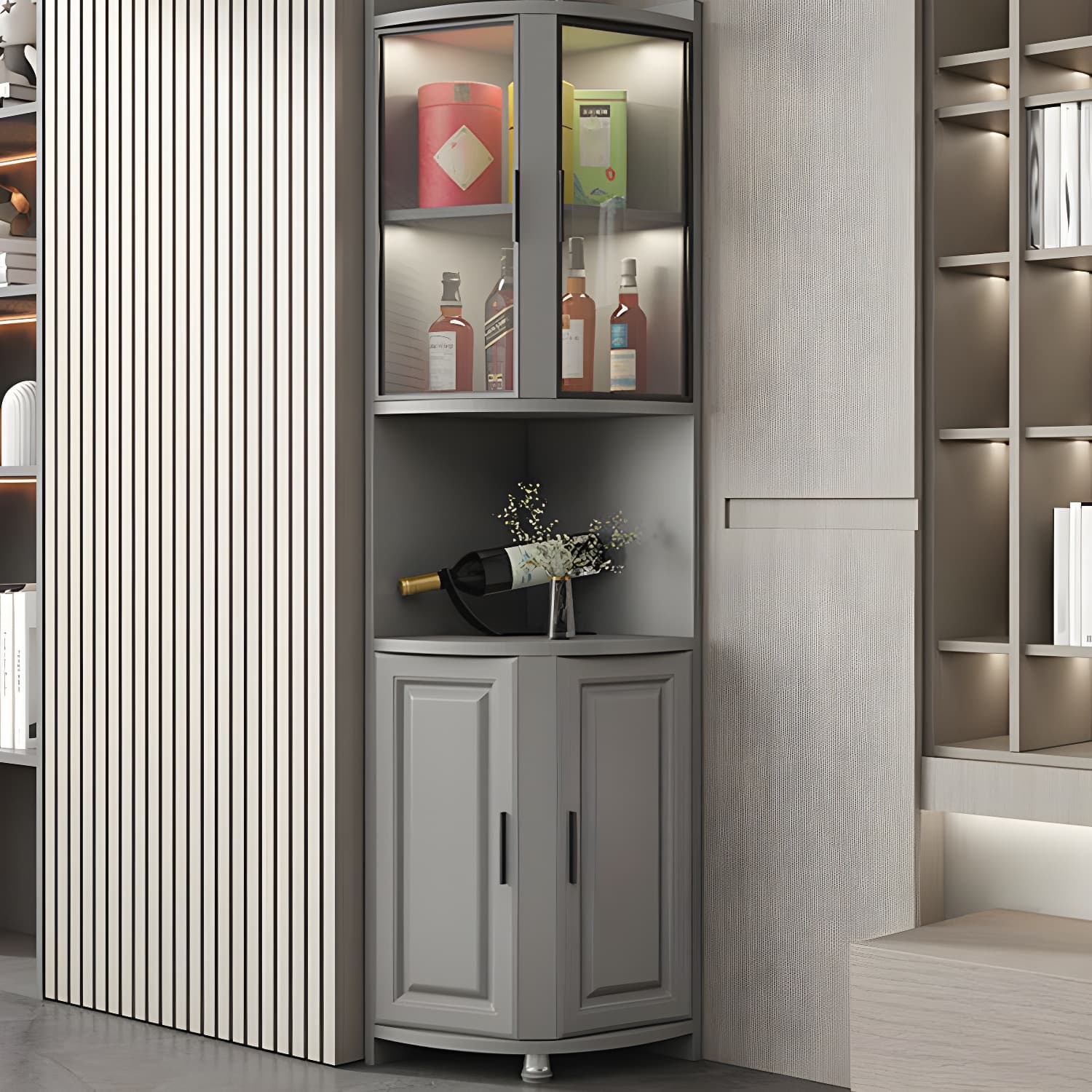 Modern Grey Corner Accent Cabinet with Glass Doors and 8 Interior Shelves thumbnail 2