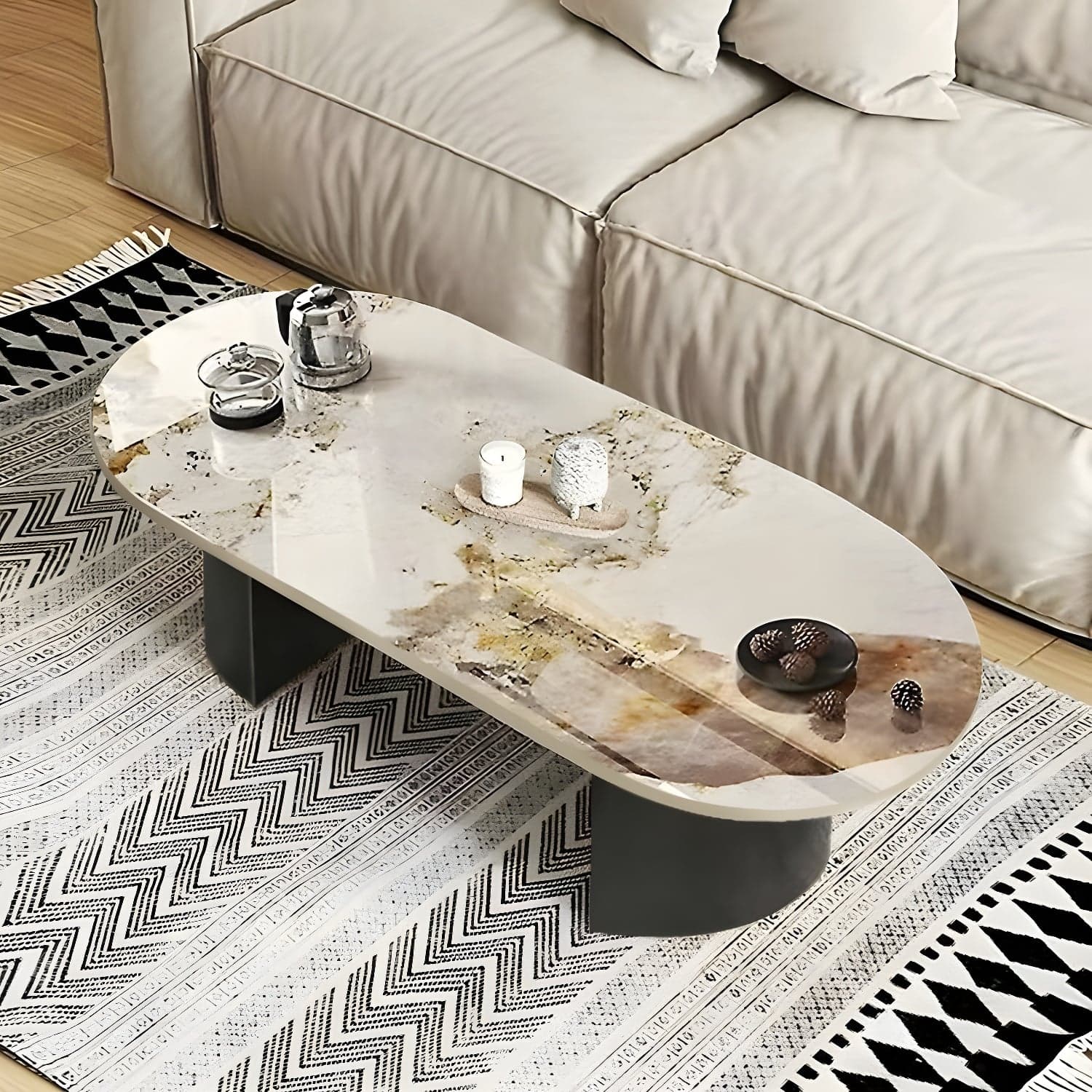 Modern Oval Stone Coffee Table with Double Pedestal Base for Living Room thumbnail 3