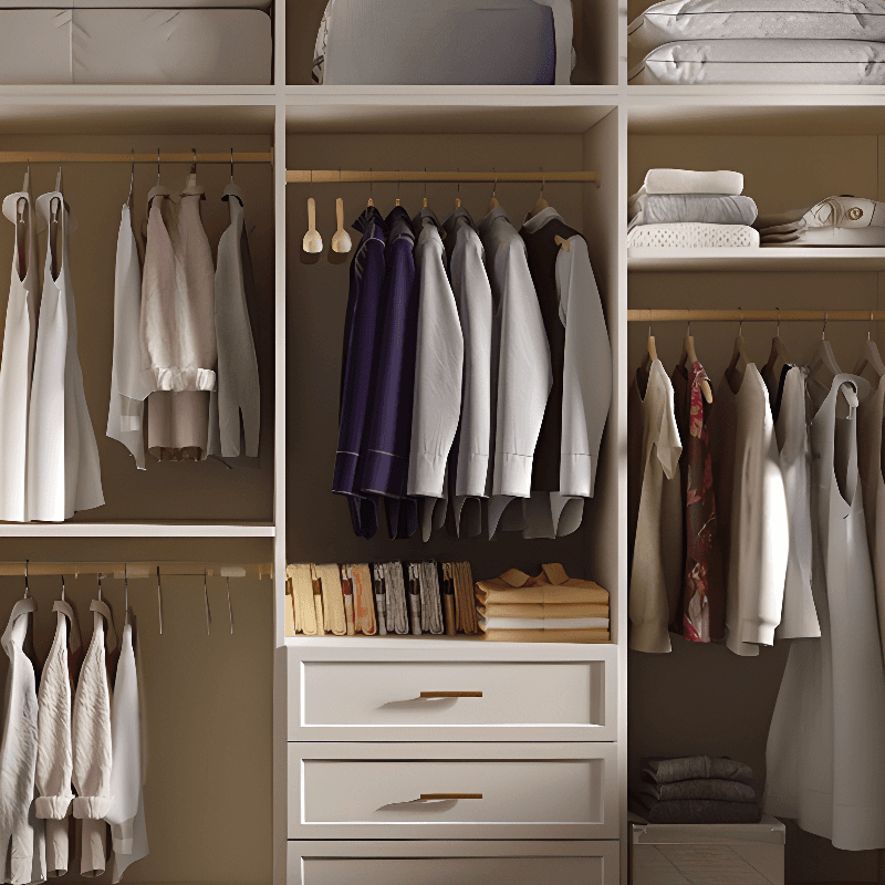 Chalk Simple Lumber Independent Wardrobe Closet with Soft Close Drawer, Interior Shelves, and Clothing Rod