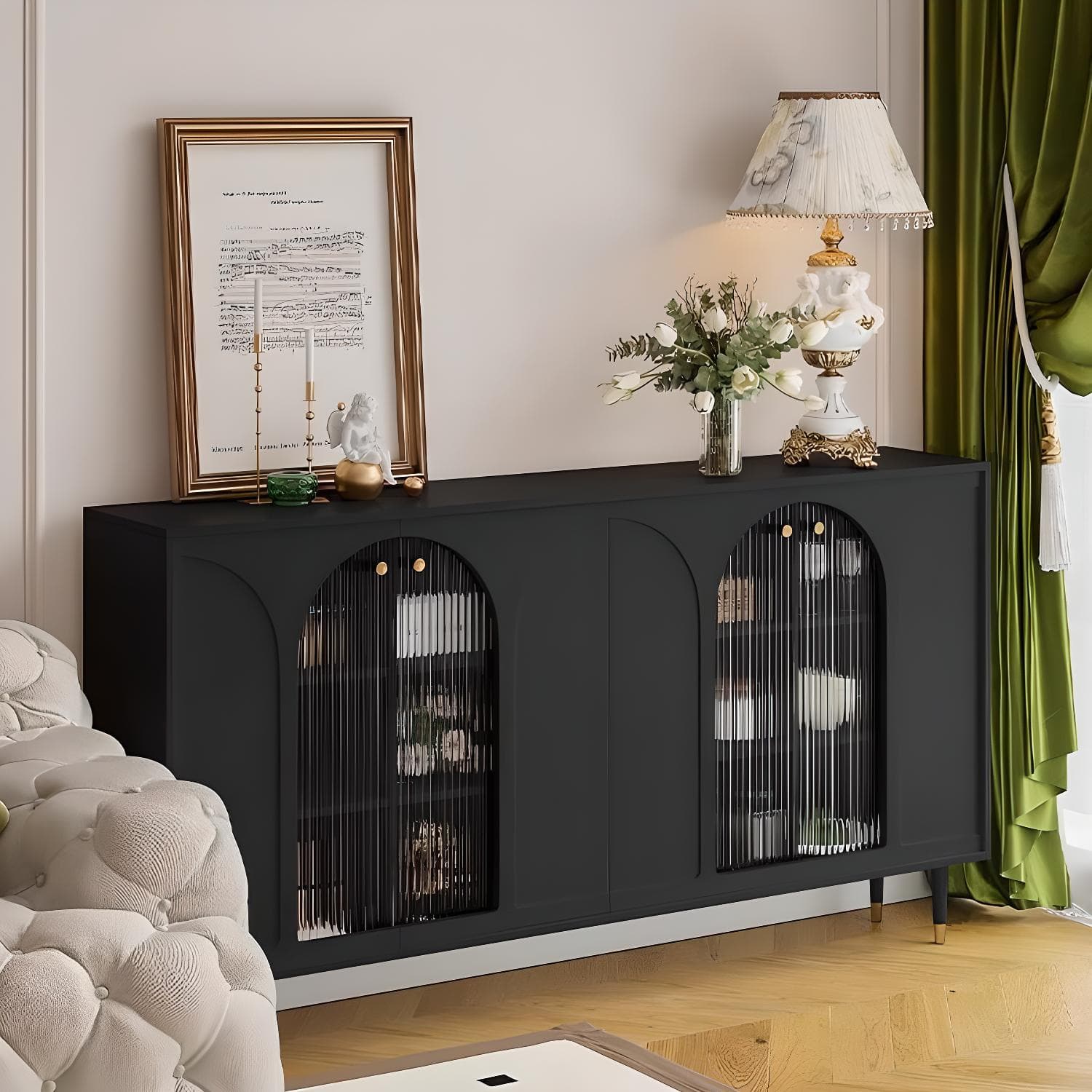 Modern Wooden Sideboard with Glass Doors and Adjustable Shelving thumbnail 4