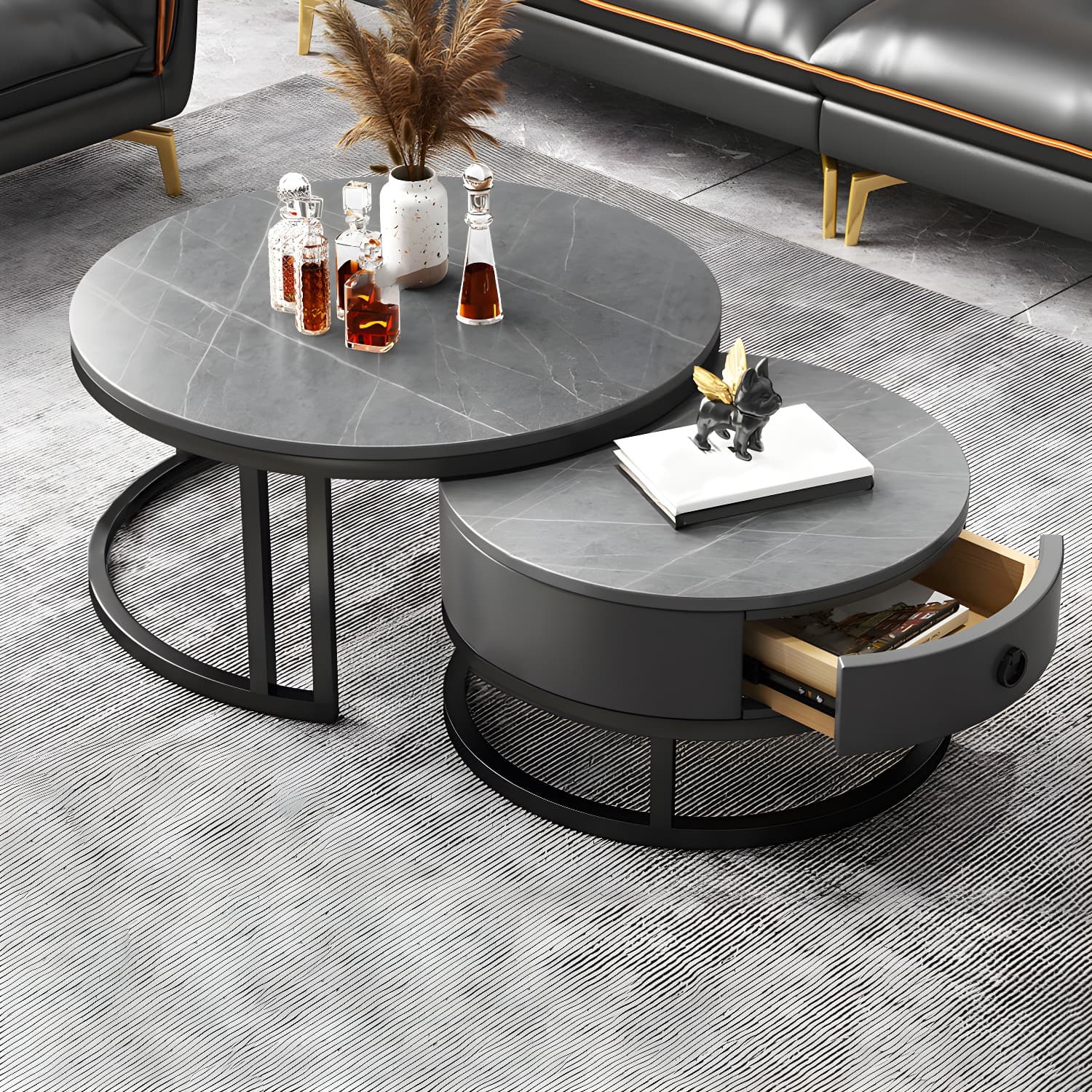 Modern Nesting Coffee Table Set Frame Round Coffee Table Set with Drawer thumbnail 10