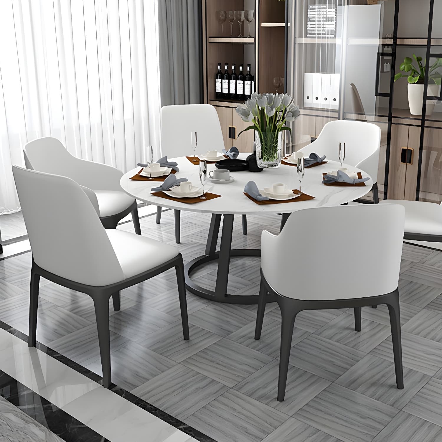 Round Marble Top Dining Table in White Traditional Luxury Dining Table thumbnail 6