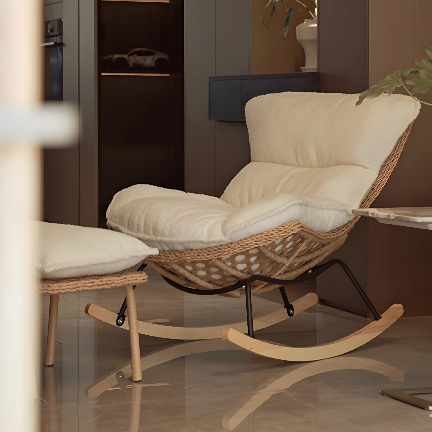 Traditional Armless Design Indoor Rocking Chair with rattan Frame and Nature Wood Legs thumbnail 10