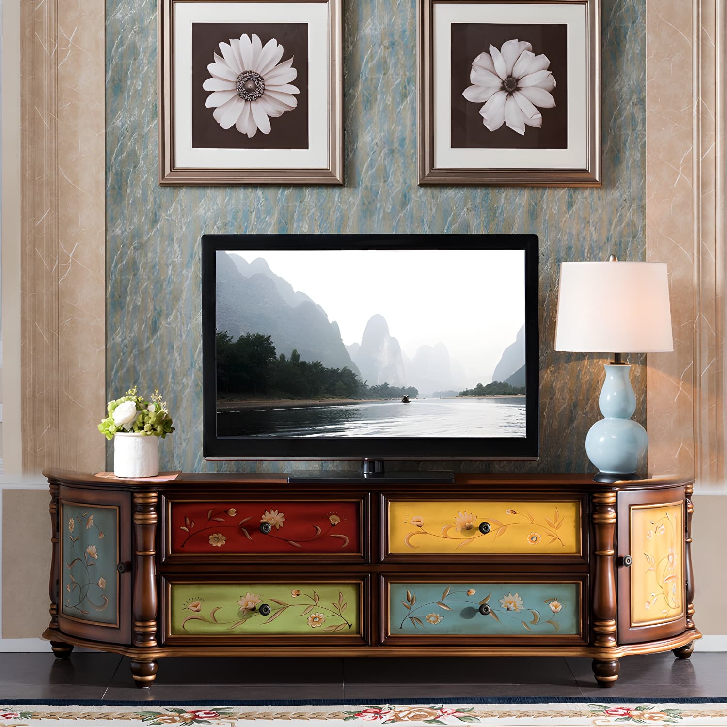Traditional Birch Wood Media Console Matte Finish TV Media Stand with Drawers thumbnail 7