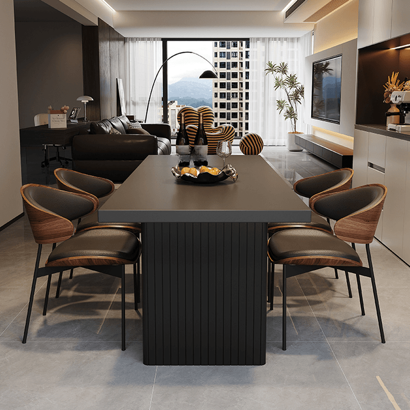 Dining Table Set with Slate Top and Two-sided Pedestal, Padded Chair with Back for 6 People, 7 Piece Set in Midnight Black thumbnail 2