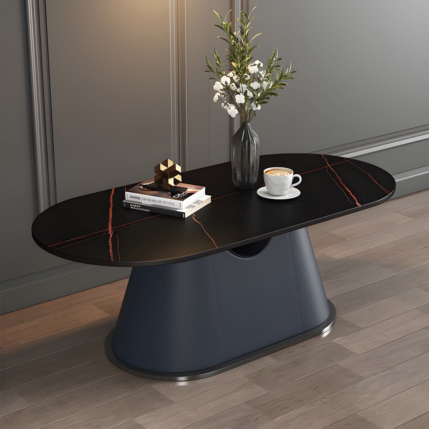 Glam Oval Stone Coffee Table with Pedestal Chrome Base - Scratch Resistant thumbnail 2